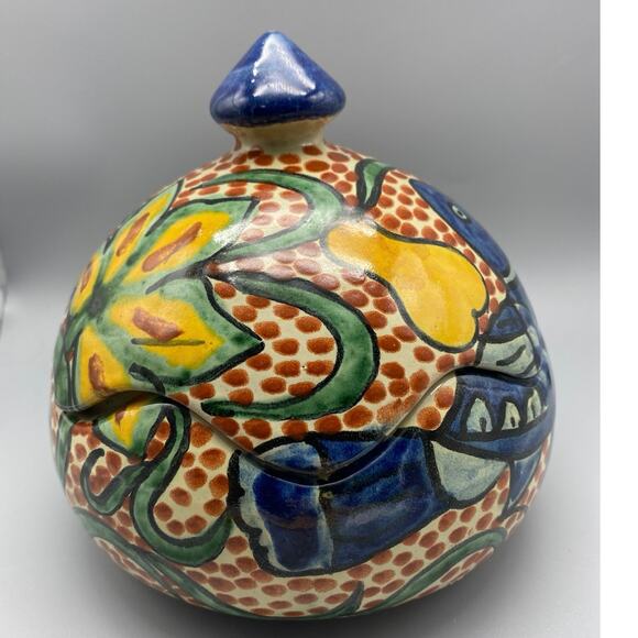Vintage Hand painted Mexican Art‎ Pottery Urn Lidded  Dish - Picture 1 of 9